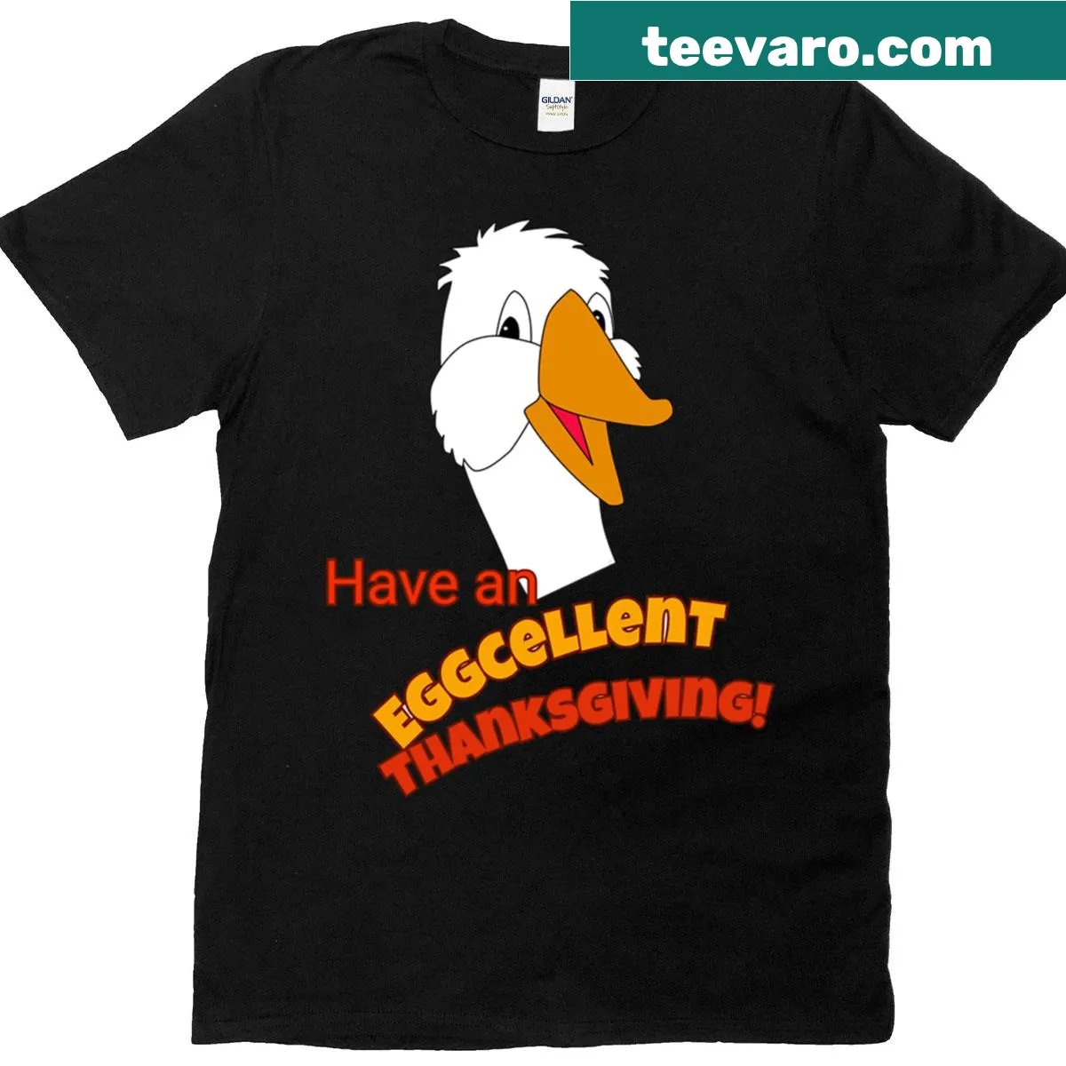 Cartoon Thanksgiving t-shirt featuring a silly goose and pun — on a men's t-shirt