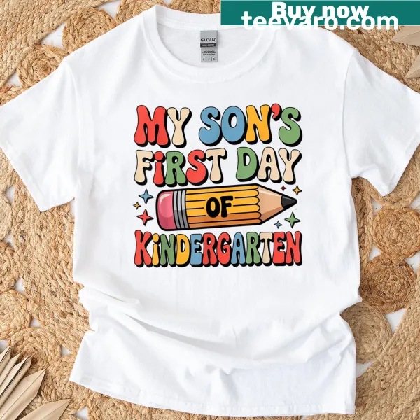 T-shirt celebrating funny first day of kindergarten with playful typography