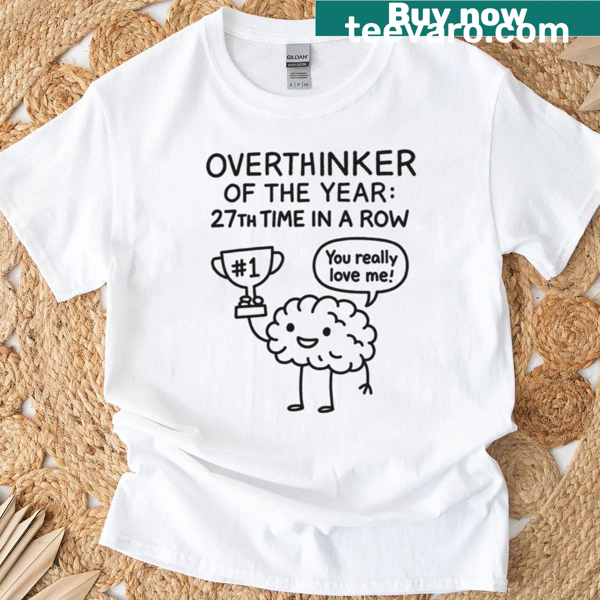 Doodle of a trophy-holding brain graphic on t-shirt — on a men's t-shirt