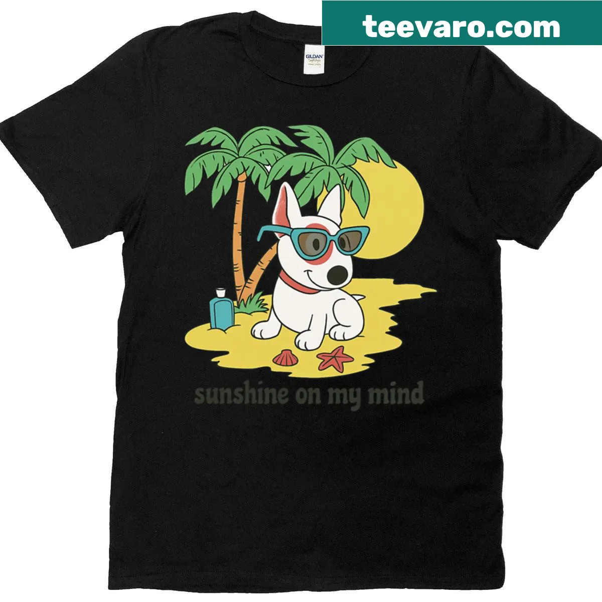 Vintage-style Bullsey dog surfing graphic on a summer t-shirt. — on a men's t-shirt