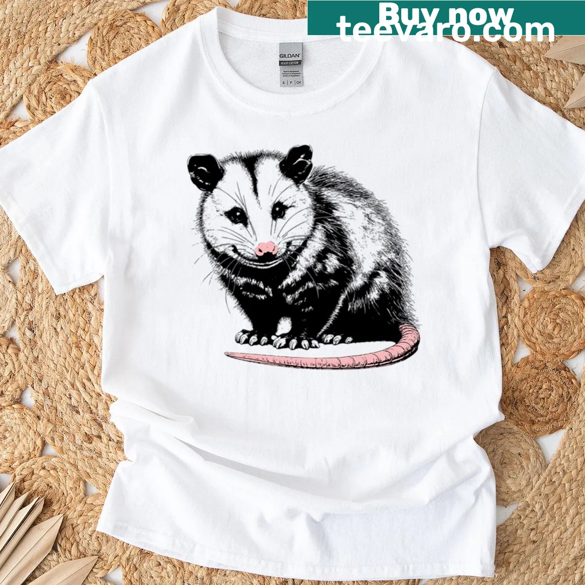 Vintage-inspired t-shirt featuring a funny opossum meme graphic — on a men's t-shirt