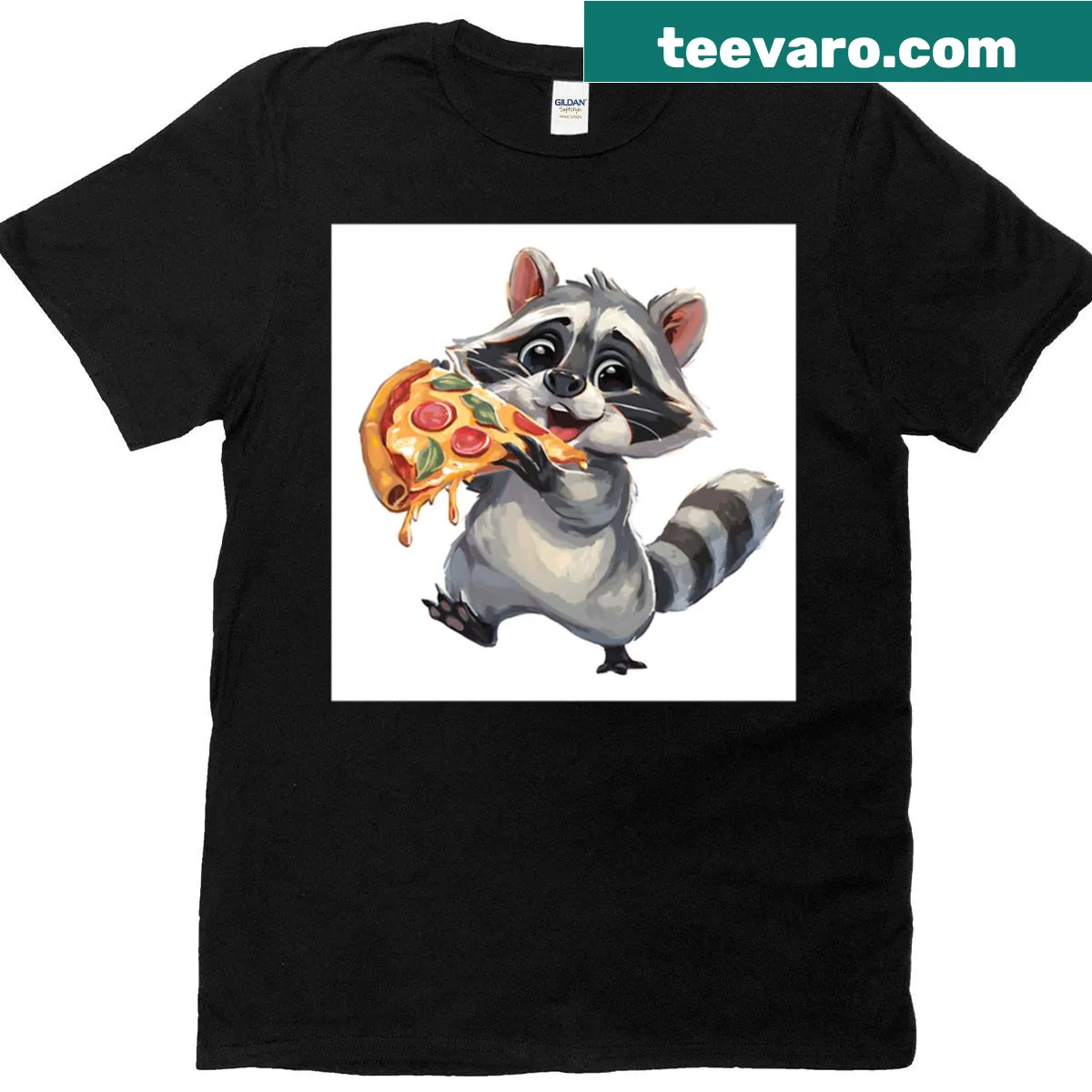 Funny raccoon enjoying a slice of pizza illustration. — on a men's t-shirt