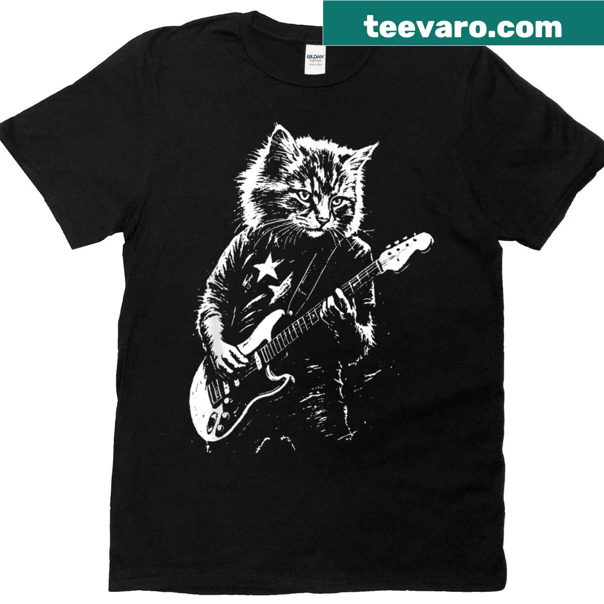 Cartoon cat playing guitar on a funny T-shirt — on a men's t-shirt