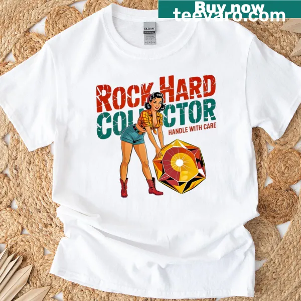 Vintage pin-up style t-shirt featuring a humorous rock collector graphic