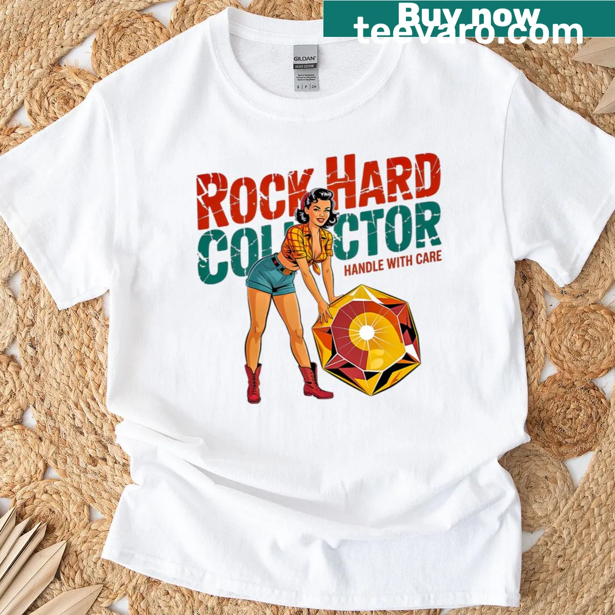 Vintage pin-up style t-shirt featuring a humorous rock collector graphic — on a men's t-shirt