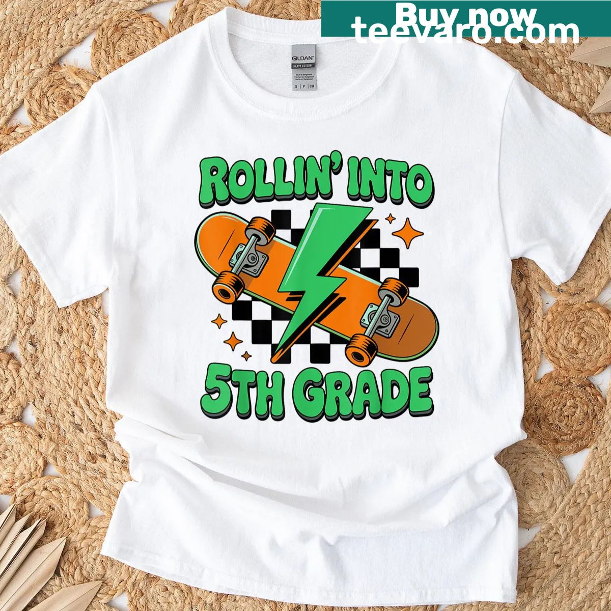 Cartoon skateboard design for boys entering 5th grade — on a men's t-shirt