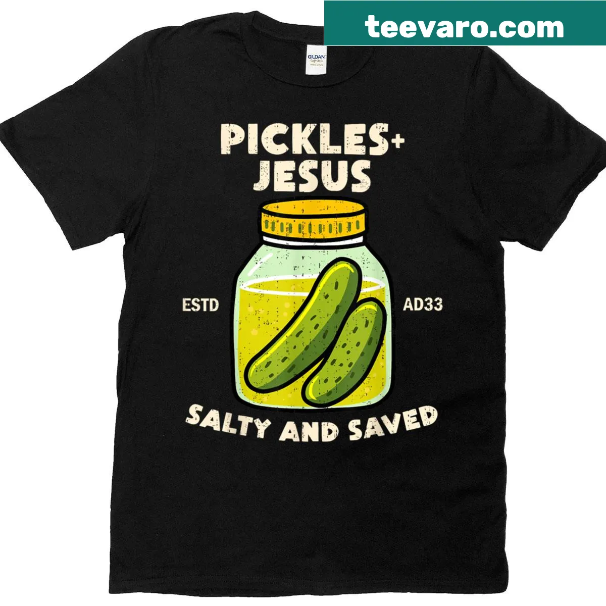 T-shirt featuring humorous Christian saying about pickles and faith. — on a men's t-shirt