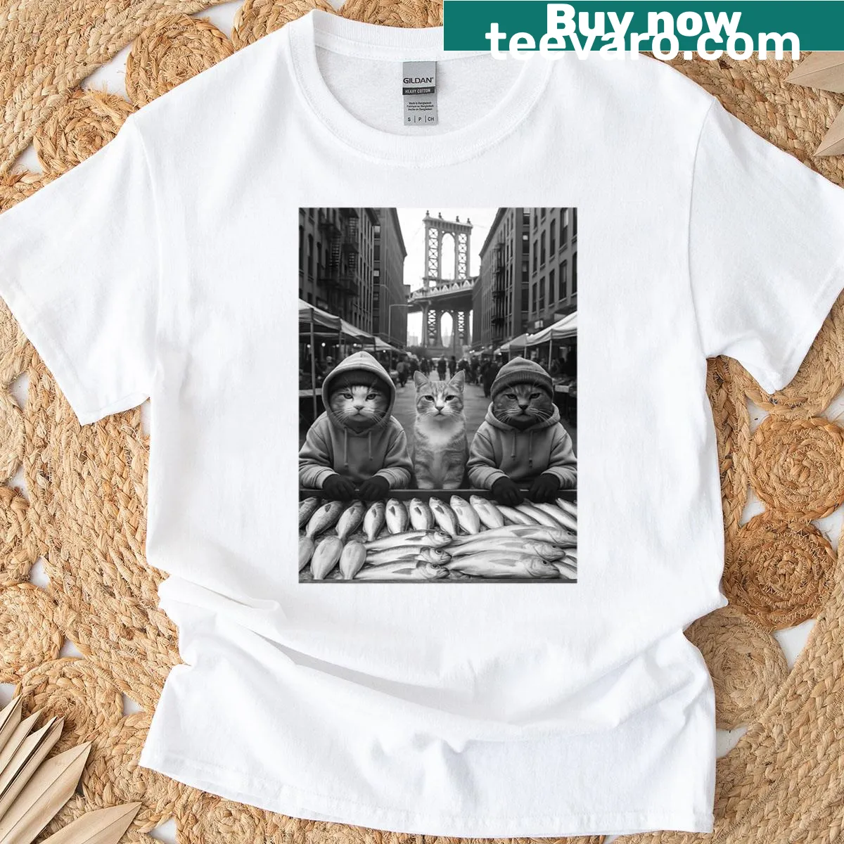 Funny gangster cats illustration selling fish on a t-shirt — on a men's t-shirt