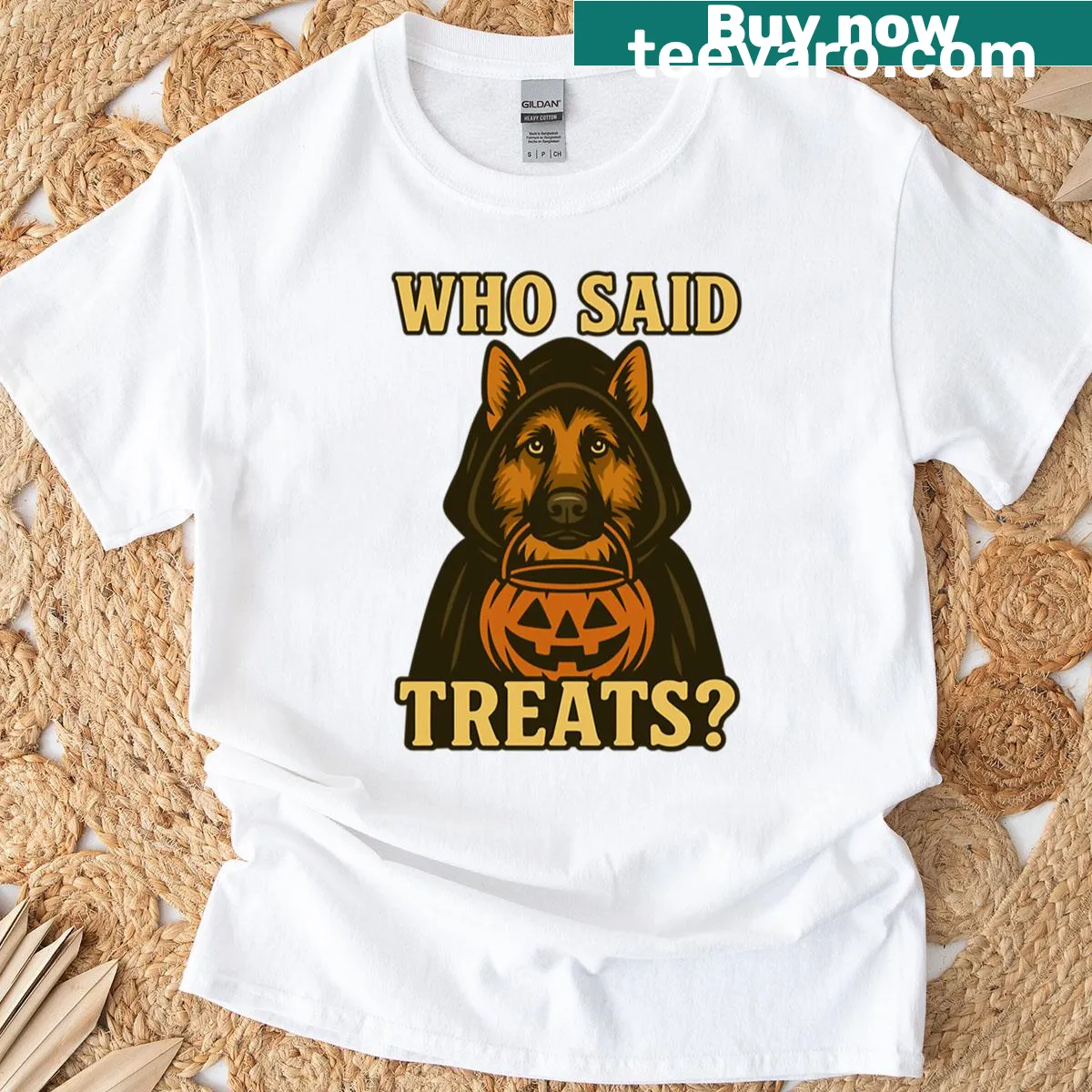 Halloween t-shirt featuring a German Shepherd in a pumpkin witch costume — on a men's t-shirt