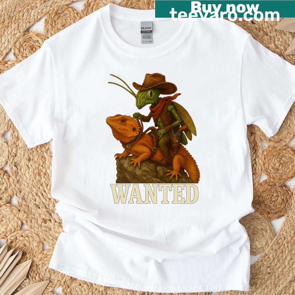 Funny T-shirt with grasshopper riding a horned lizard — on a men's t-shirt