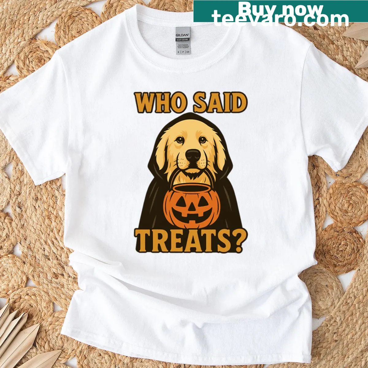 Cute oversized T-shirt with Great Pyrenees in pumpkin witch costume — on a men's t-shirt