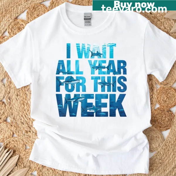 Funny shark t-shirt with humorous phrase 'Guess What Week It Is'
