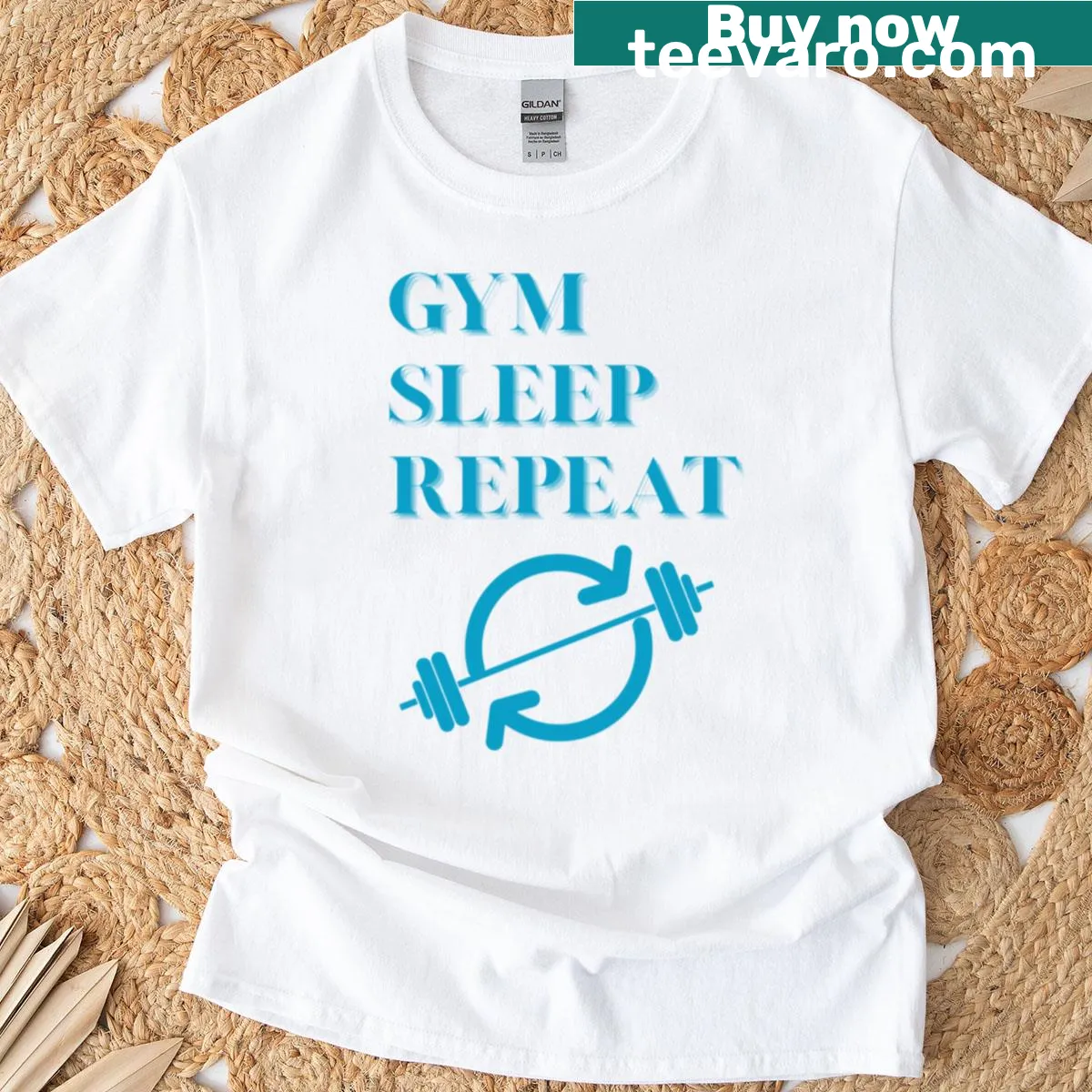 Funny Gym Sleep Repeat graphic t-shirt — on a men's t-shirt