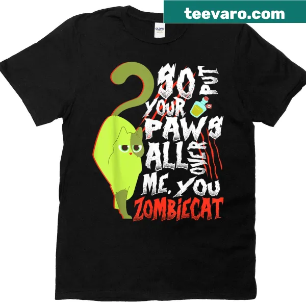 Humorous zombie cat design for Halloween on t-shirt
