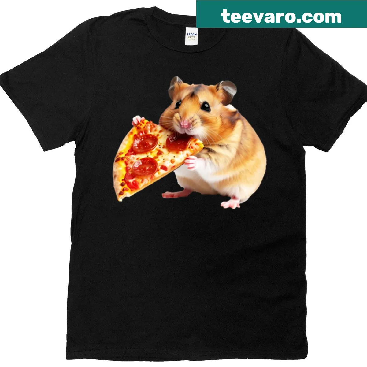 Cartoon hamster enjoying pepperoni pizza on a fun T-shirt — on a men's t-shirt