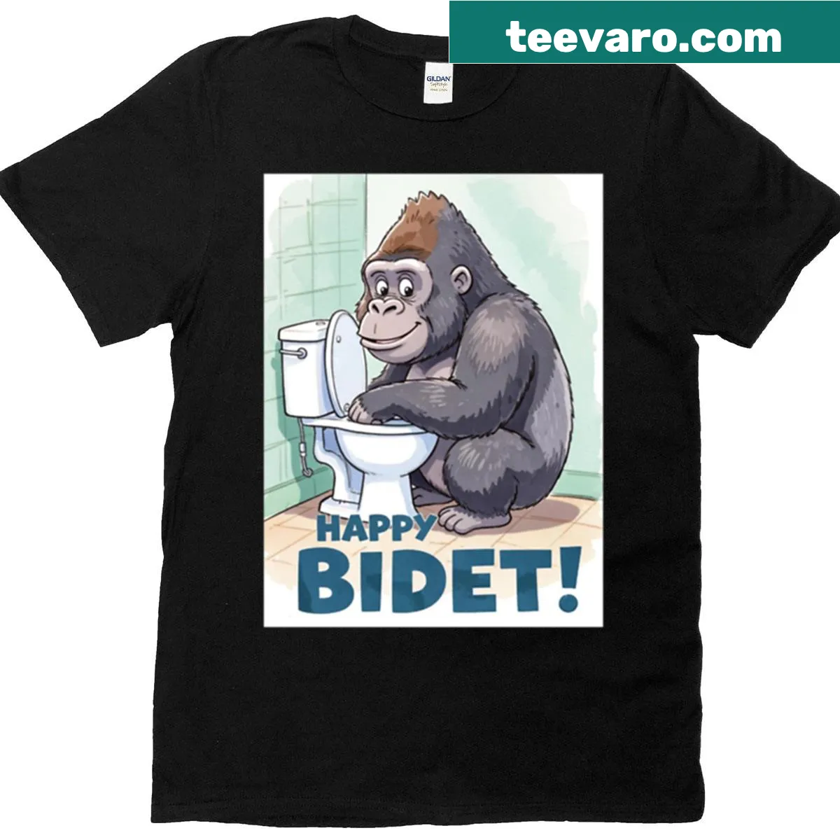Cute meme gorilla T-shirt for birthdays with bidet humor — on a men's t-shirt