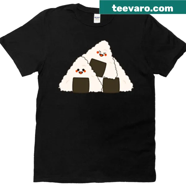 Cute illustration of a happy onigiri character on a t-shirt
