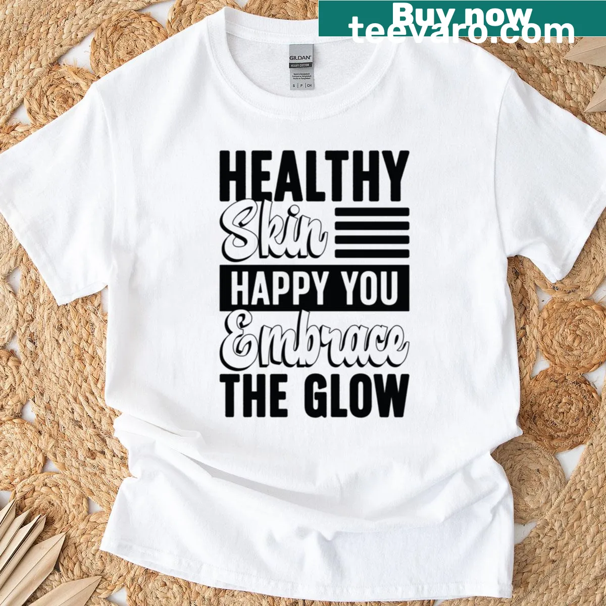 Typography design T-shirt stating 'Healthy Skin Happy On' — on a men's t-shirt