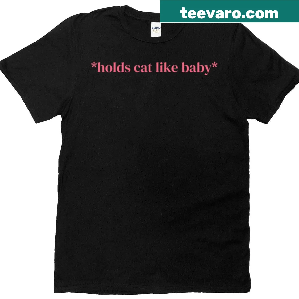 T-shirt illustrating a person holding a cat like a baby — on a men's t-shirt