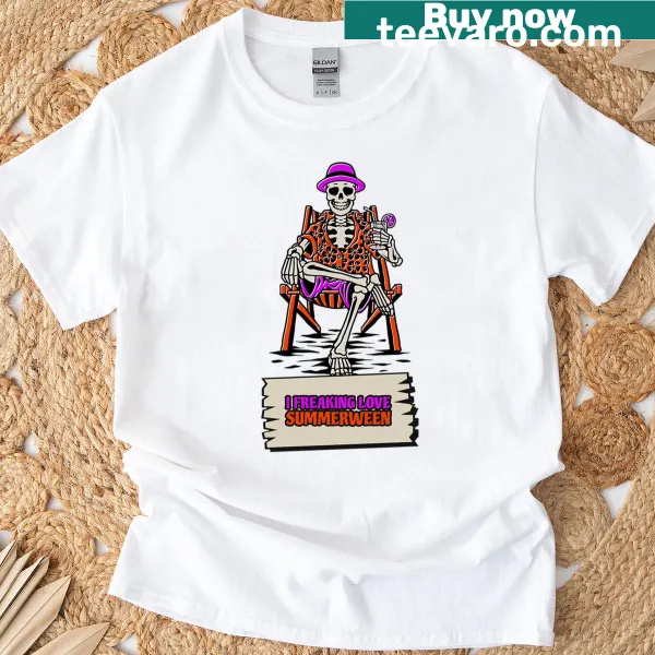 Chill skeleton graphic enjoying Summerween on a T-shirt