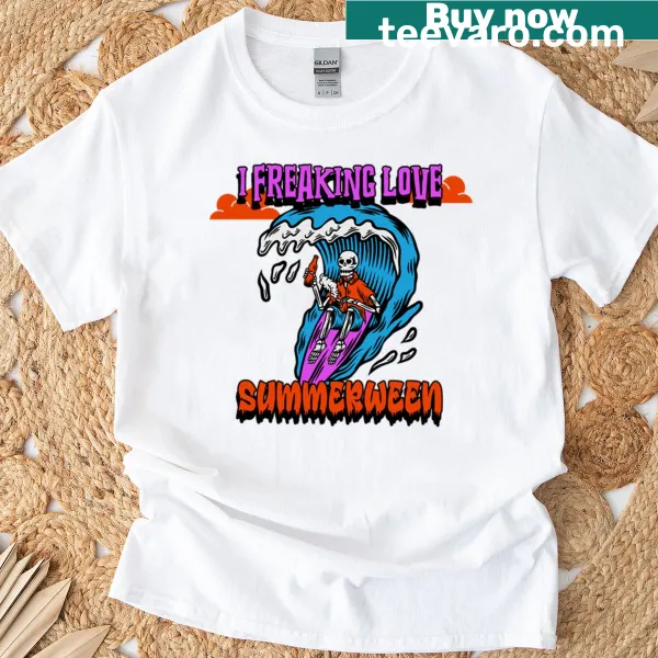 Oversized T-shirt featuring a surfing skeleton and Summerween text