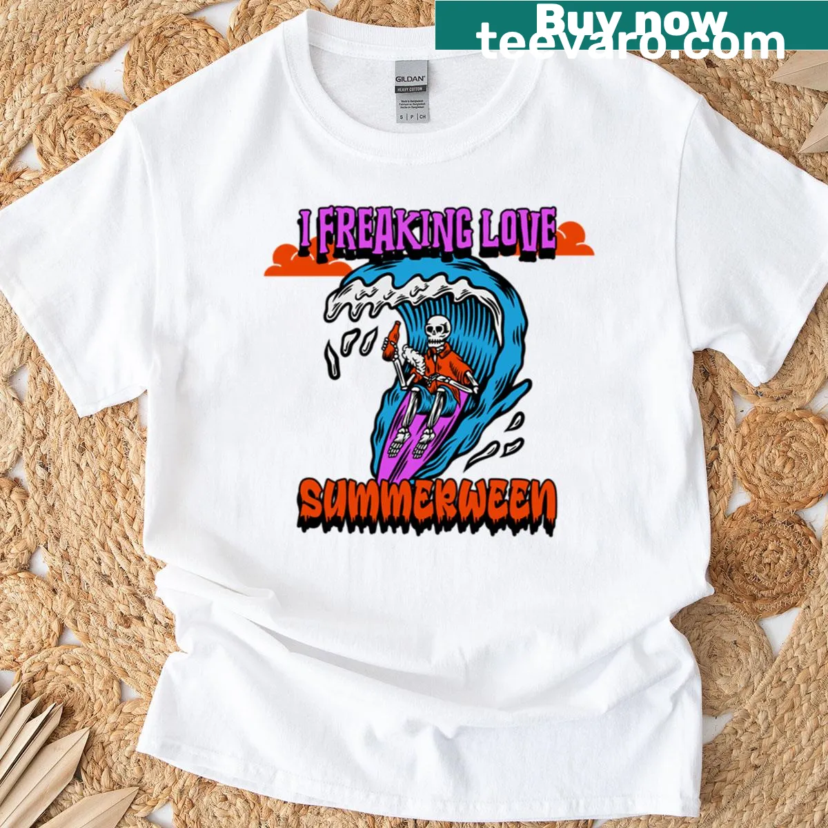 Oversized T-shirt featuring a surfing skeleton and Summerween text — on a men's t-shirt