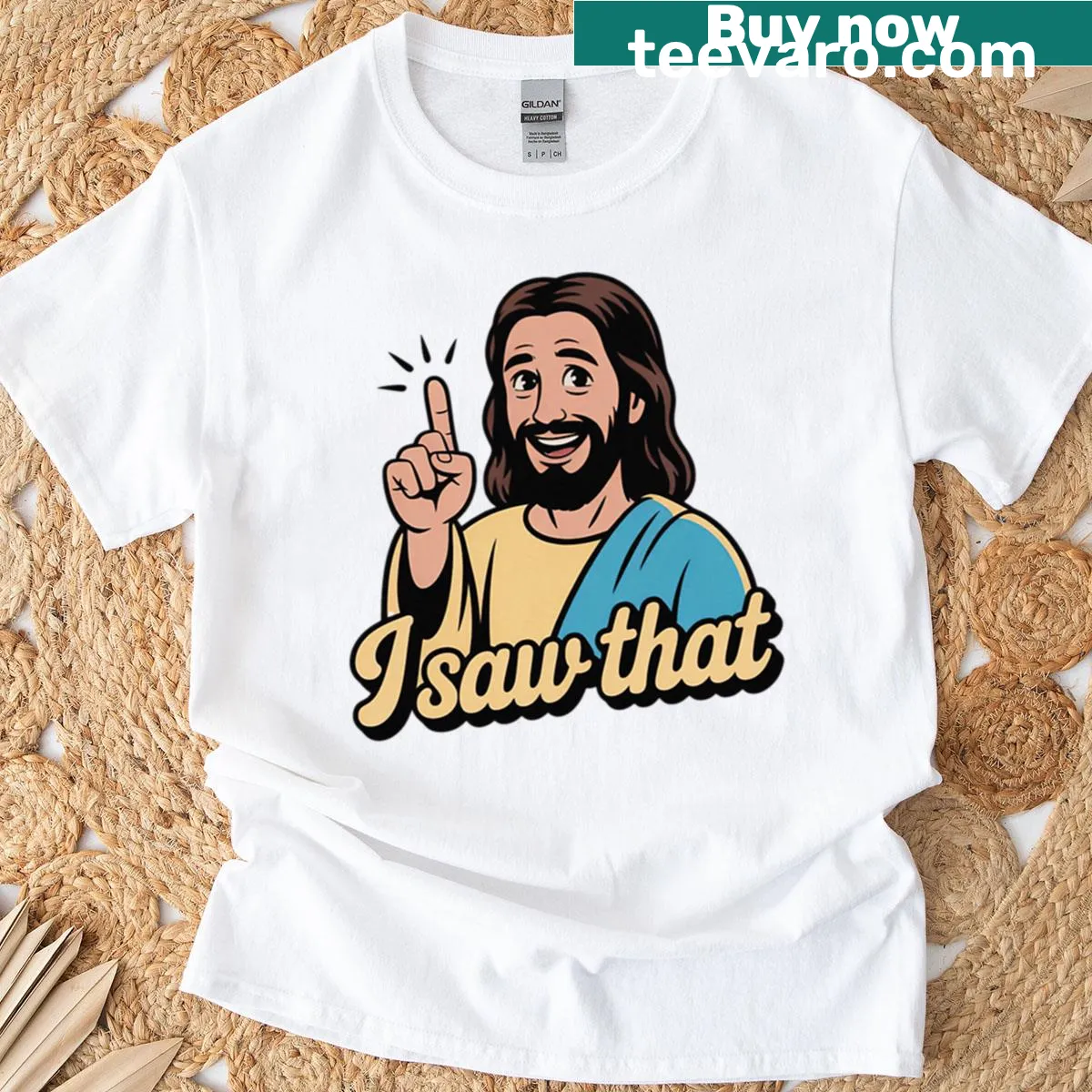 Humorous religious t-shirt featuring the phrase 'I Saw That' in meme style — on a men's t-shirt