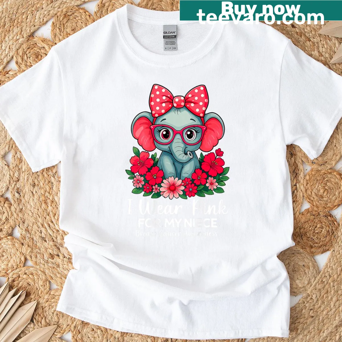 Pink T-shirt with elephant graphic and supportive text for breast cancer awareness. — on a men's t-shirt