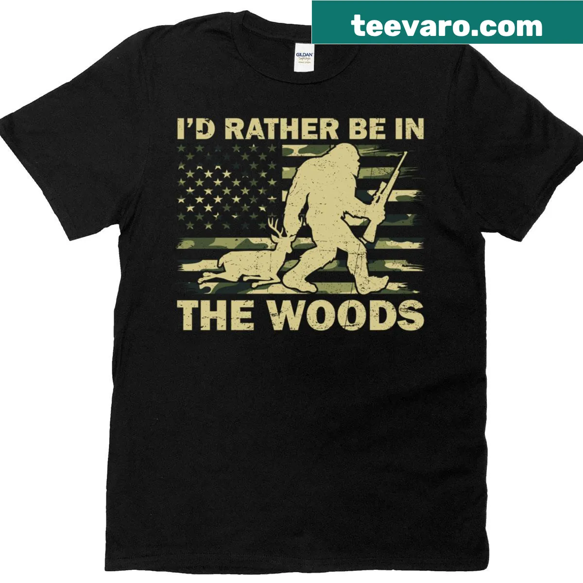 Bigfoot silhouette with US flag and camo elements on t-shirt — on a men's t-shirt