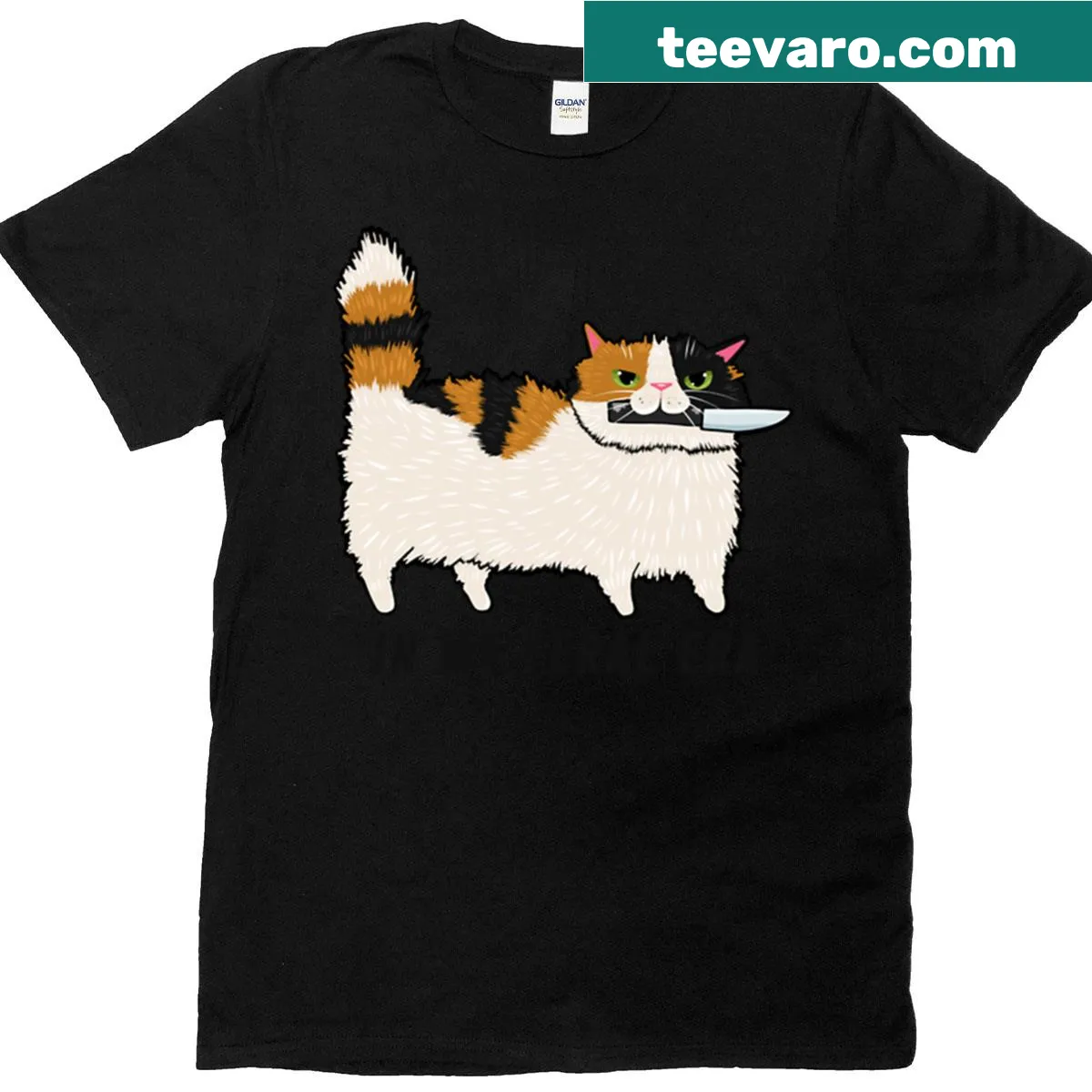 Feral era calico cat t-shirt with playful graphic and text — on a men's t-shirt