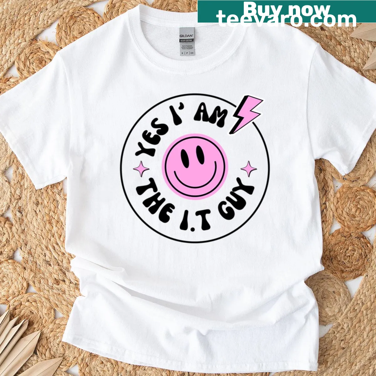 Boxy t-shirt featuring a playful IT guy graphic — on a men's t-shirt