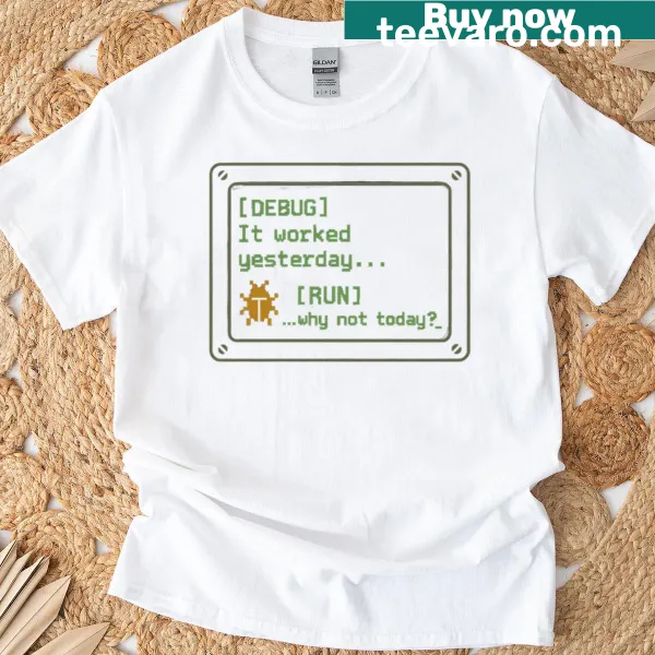 Oversized t-shirt featuring humorous programming quote about debugging