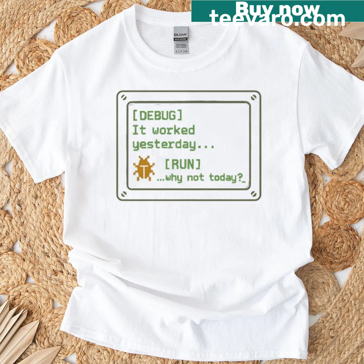 Oversized t-shirt featuring humorous programming quote about debugging — on a men's t-shirt