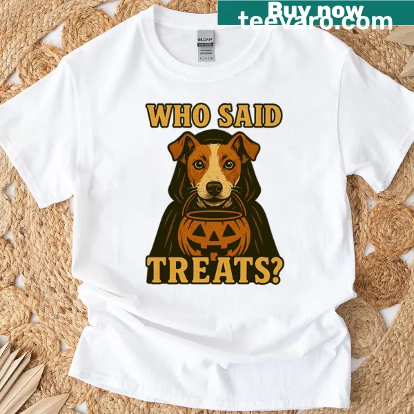 Halloween T-shirt featuring a Jack Russell in a pumpkin witch costume.