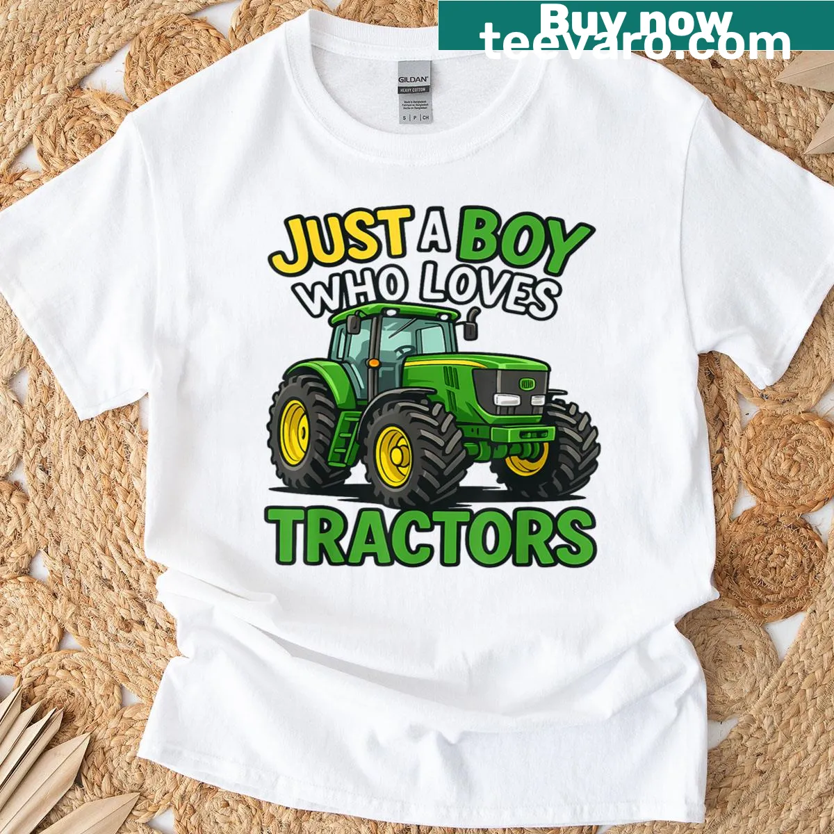 T-shirt stating: Just A Boy Who Loves Tractors — on a men's t-shirt