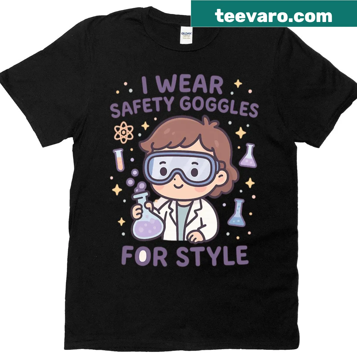 Cute science-themed t-shirt with safety goggles graphic — on a men's t-shirt