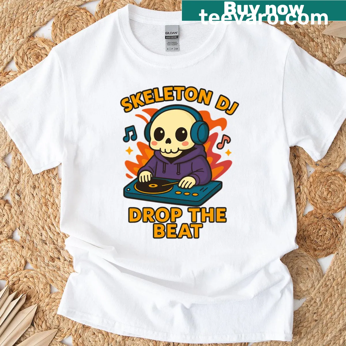 Kawaii DJ skeleton t-shirt with a cute skull design playing music — on a men's t-shirt