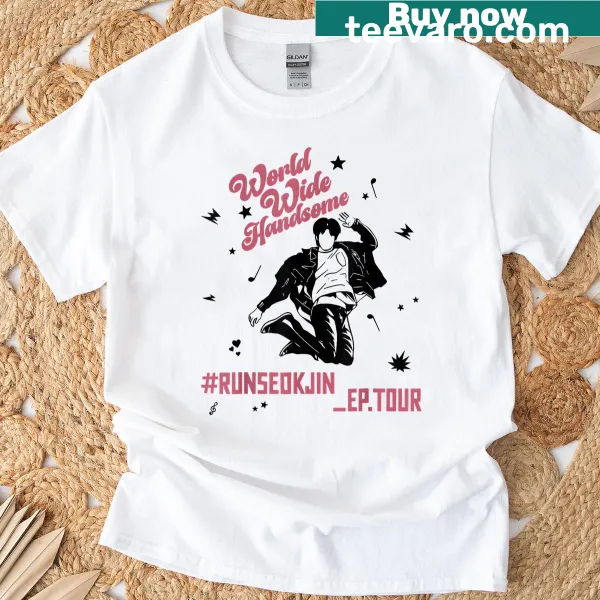 Kpop tour T-shirt featuring 'World Wide Handsome Jin' text.