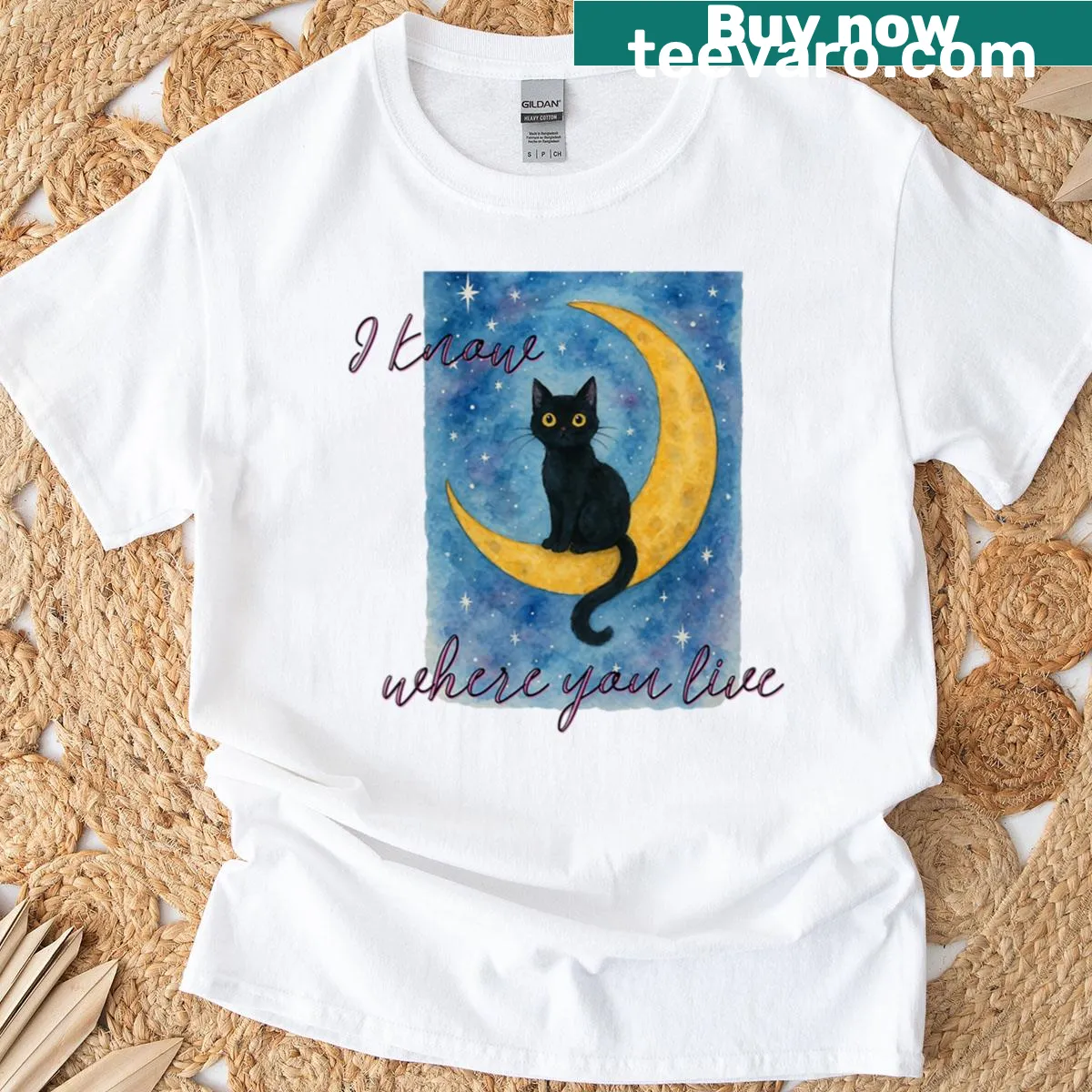 Creepy cute cat graphic with playful text on a T-shirt — on a men's t-shirt