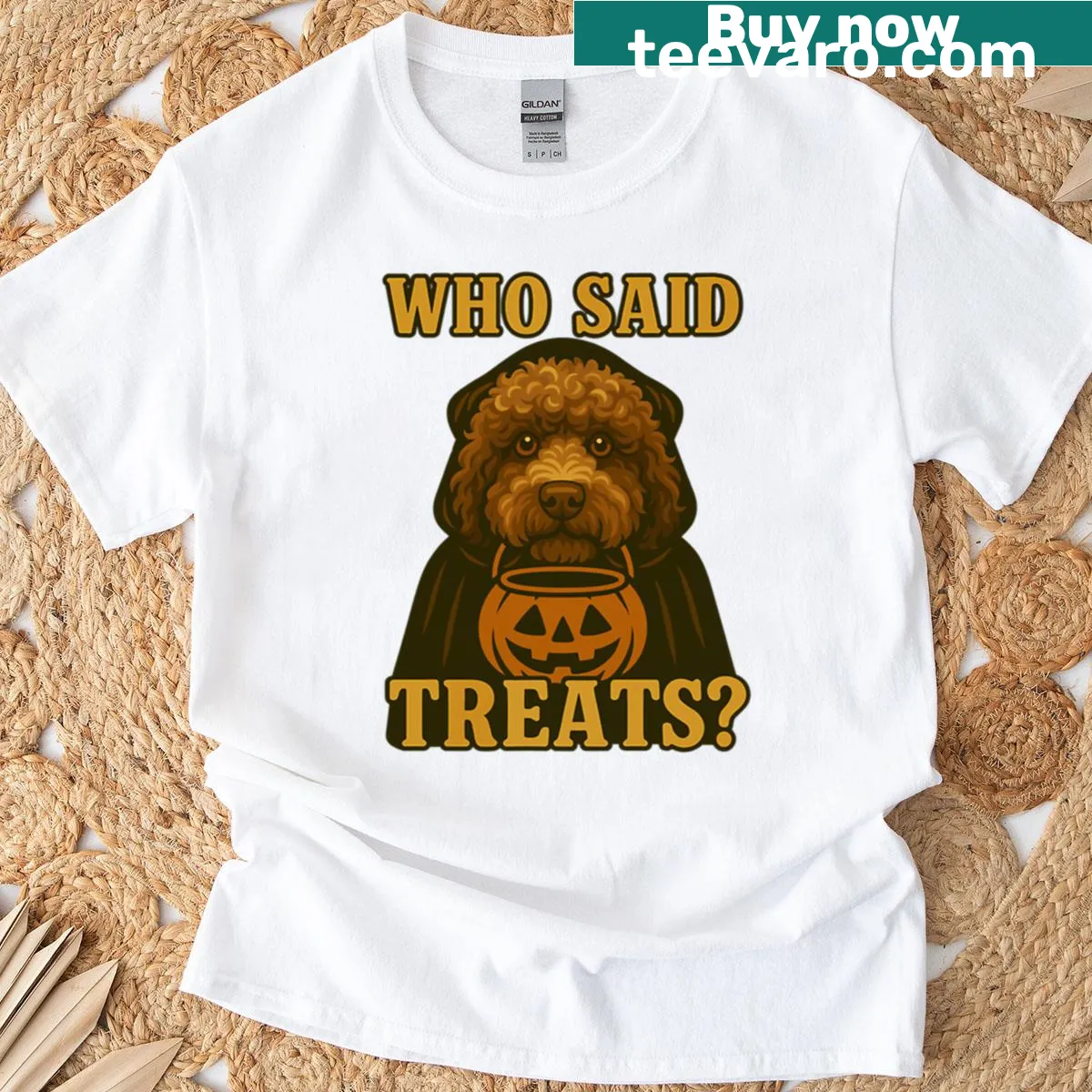 Lagotto Romagnolo in witch costume for Halloween on t-shirt — on a men's t-shirt