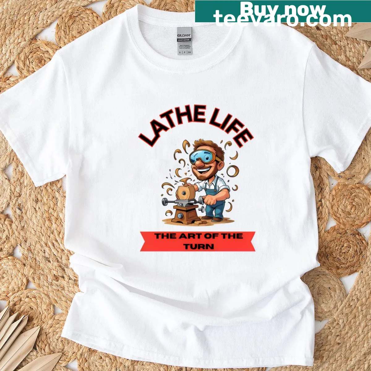 Typography T-shirt celebrating lathe work and craftsmanship — on a men's t-shirt