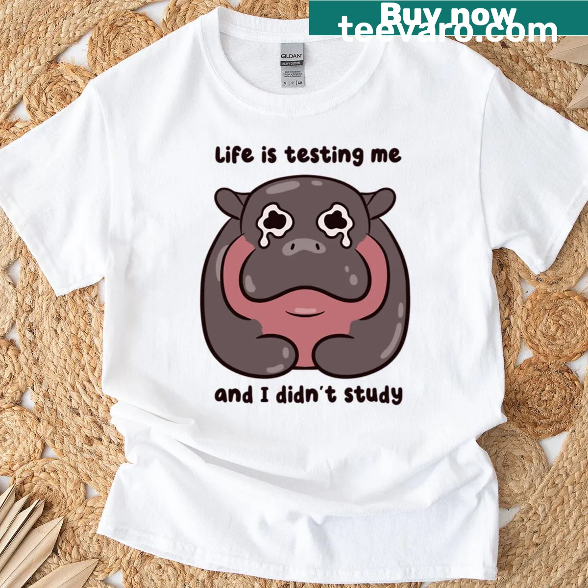 Funny t-shirt with pygmy hippo and humorous text — on a men's t-shirt