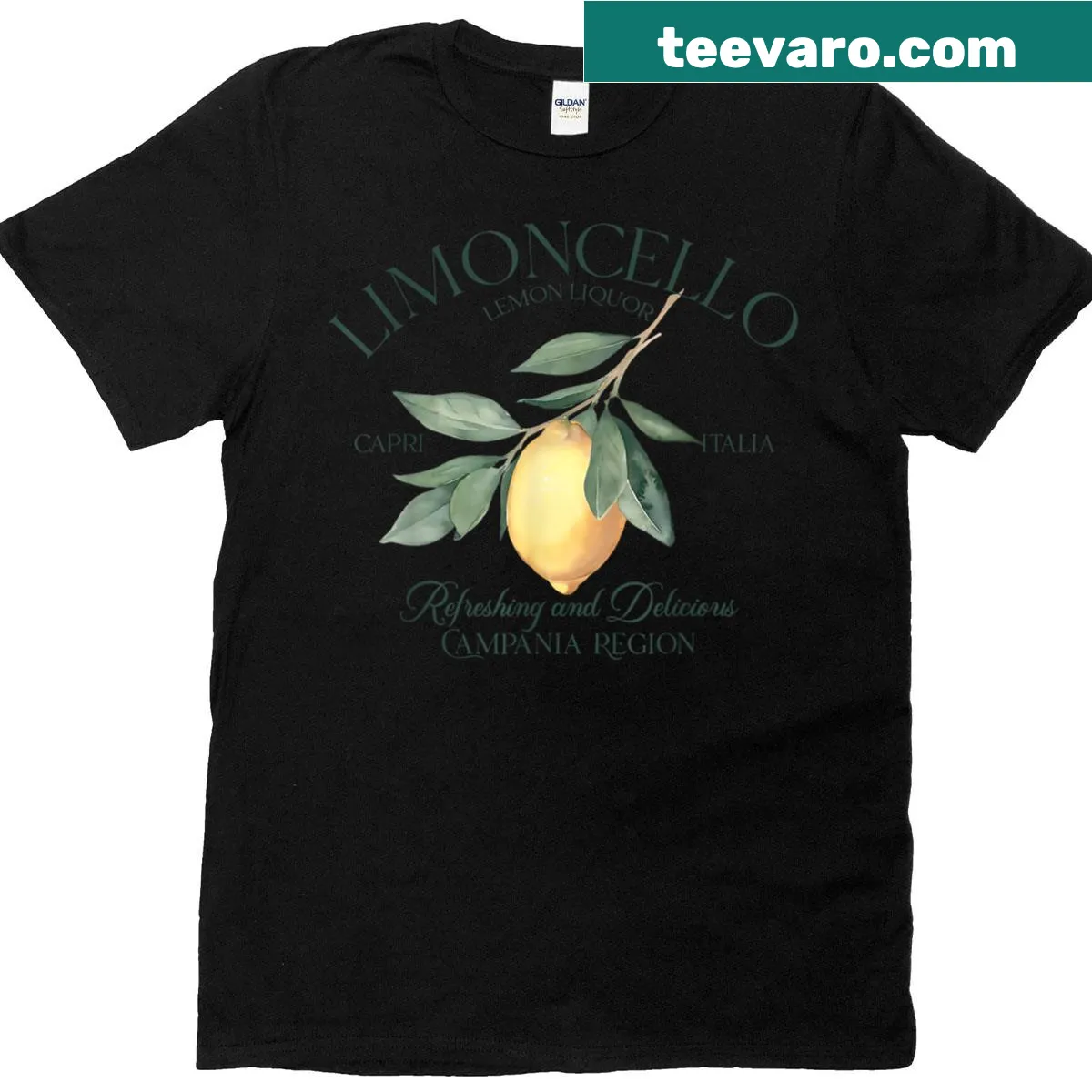 Whimsical T-shirt illustration for Limoncello, Italian lemon liquor — on a men's t-shirt