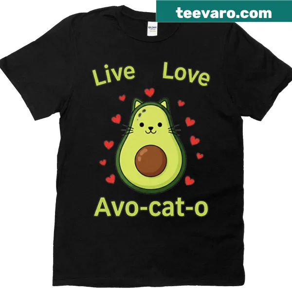 Playful t-shirt featuring the phrase 'Live Love Avo-cat-o' combining cats and avocados.