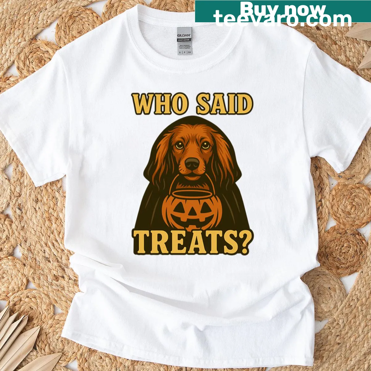 Long Haired Dachshund in witch costume for Halloween t-shirt — on a men's t-shirt