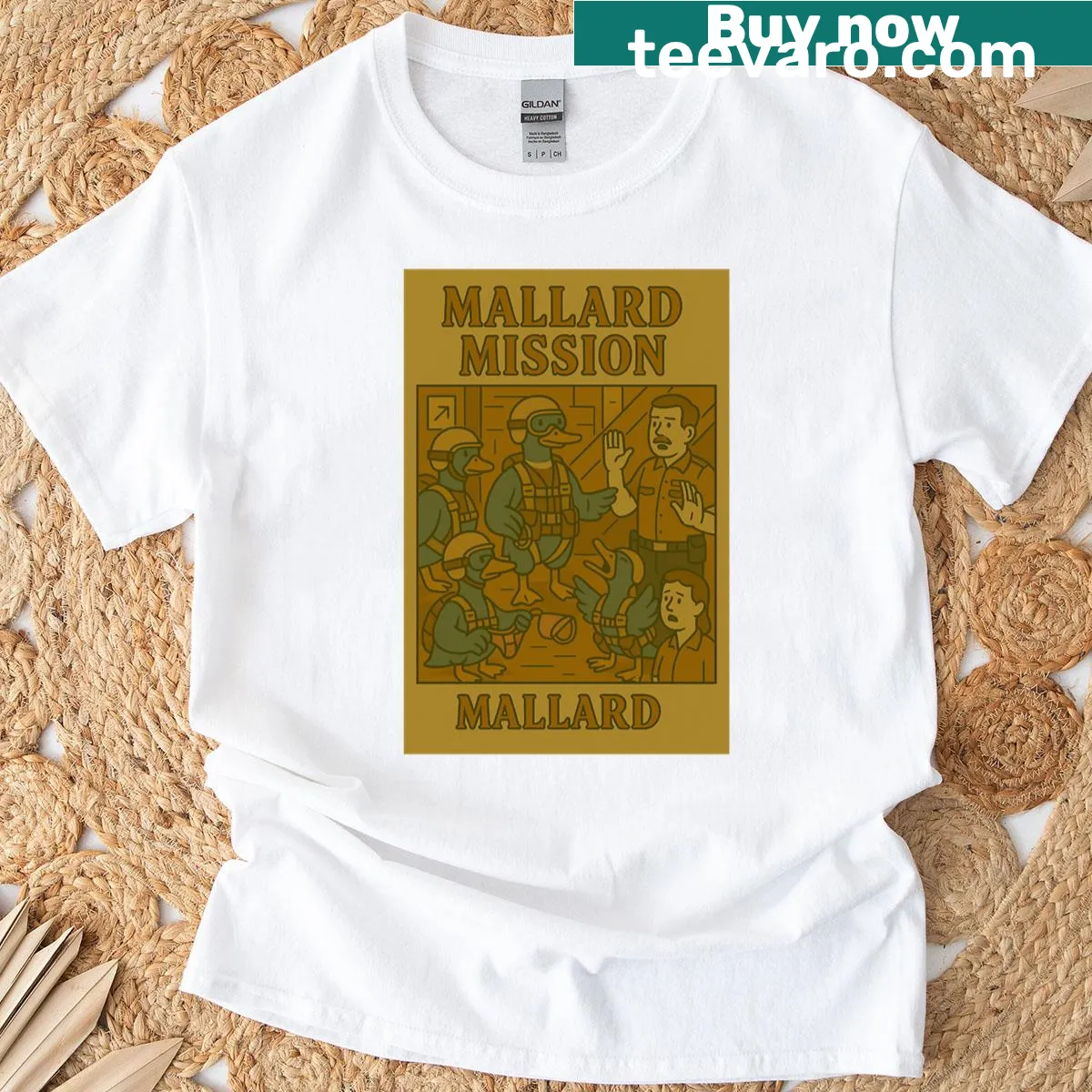 Funny mallard duck tactical shirt with 'Quackdown' text — on a men's t-shirt