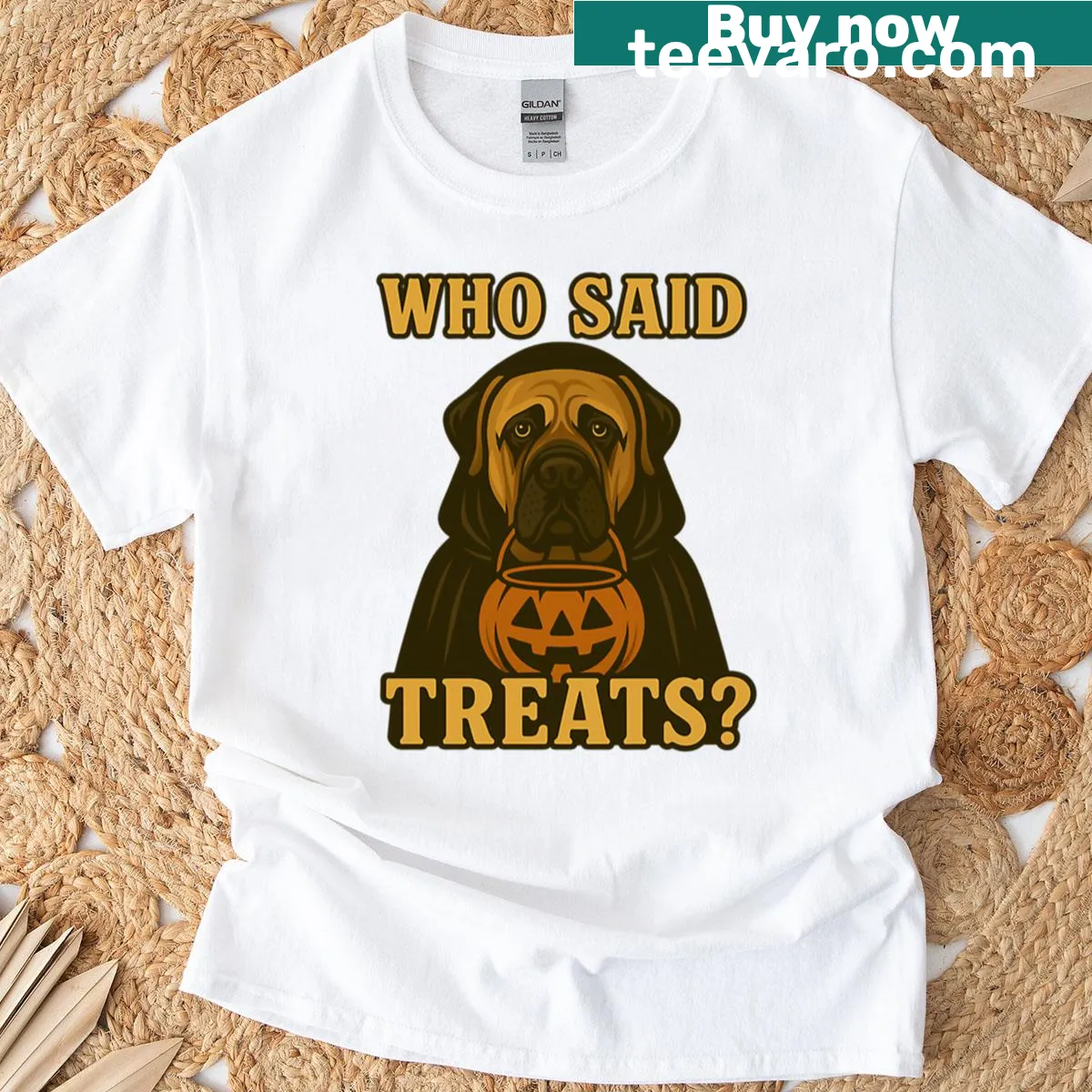 Funny Halloween T-shirt with a mastiff in a witch costume and pumpkin — on a men's t-shirt