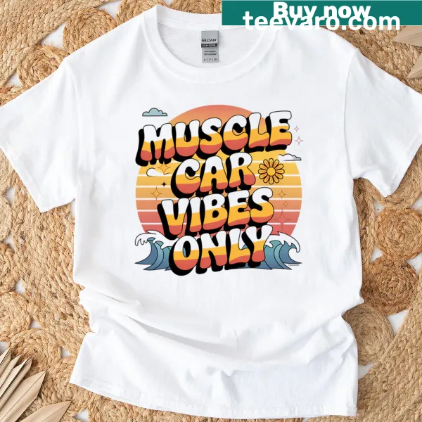 Retro graphic T-shirt showcasing muscle car vibes with a sunset design.
