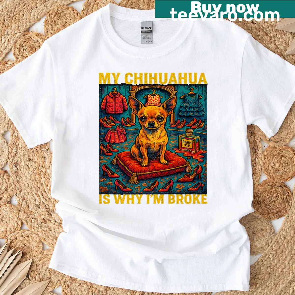 Funny t-shirt about being broke due to a Chihuahua — on a men's t-shirt