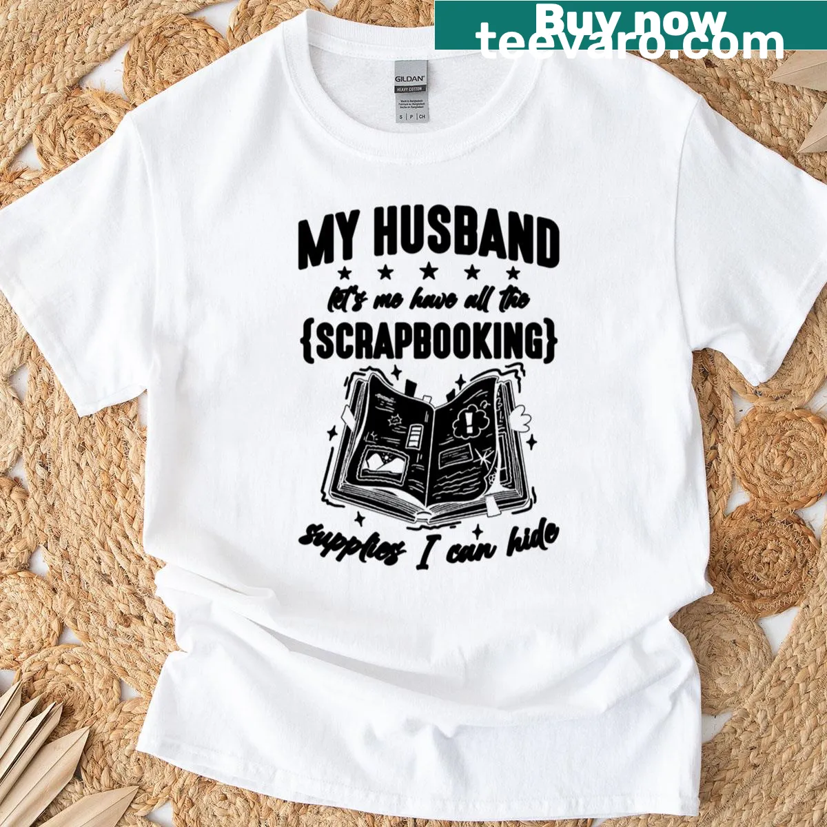Crafting shirt reads, 'My Husband Lets Me Have All Crafting' in playful typography. — on a men's t-shirt